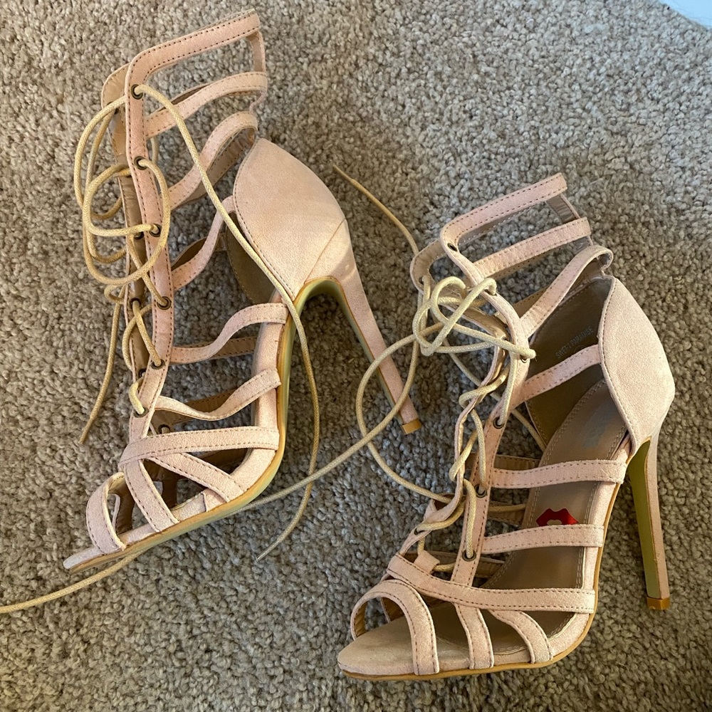 Light pink lace up heel sandals